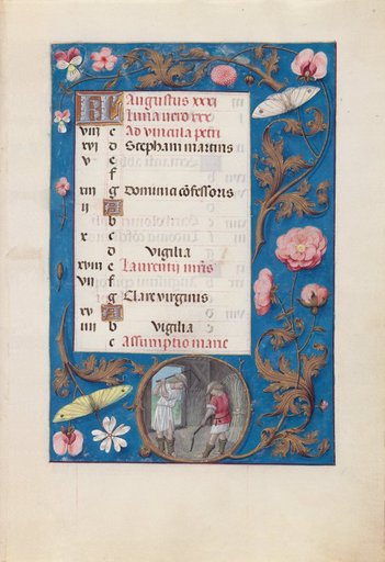 Hours of Queen Isabella the Catholic, Queen of Spain: Fol. 9r, August - Threshing Wheat