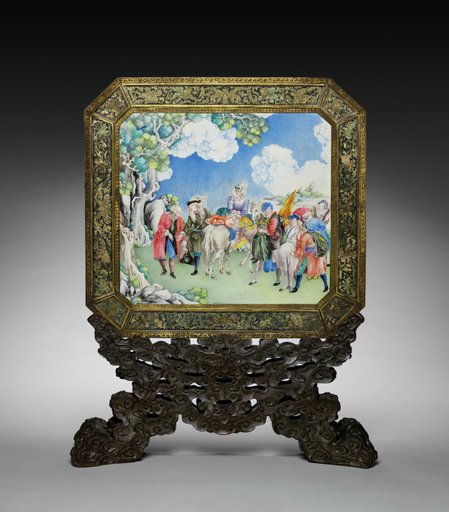 Screen with European Figures (obverse) and Landscape (reverse) with Stand