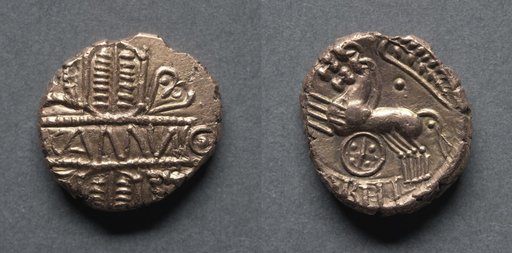 Cunobeline Stater: Tablet on Wreath (reverse); Two Horses and Wheel (reverse)