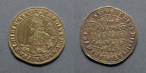 Triple Unite or Three Pound Piece: Charles I (obverse); Declaration on Scroll (reverse)