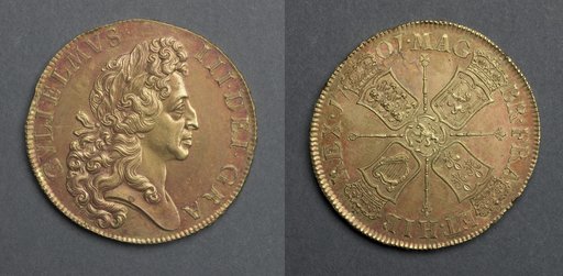 Five Guineas: William III (obverse); Four Shields and Lion of Nassau (reverse)