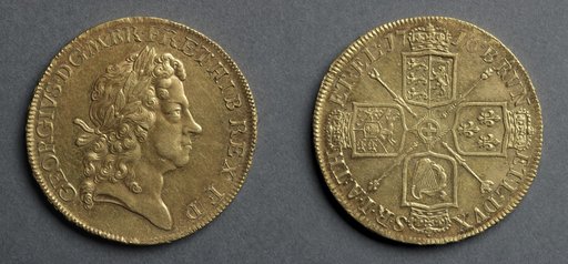 Five Guineas: George I (obverse); Shields and Star of the Order of the Garter (reverse)