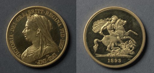 Five Pound Piece: Victoria (obverse); St. George and the Dragon (reverse)