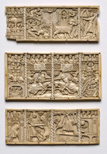 Set of Three Panels from a Casket with Scenes from Courtly Romances
