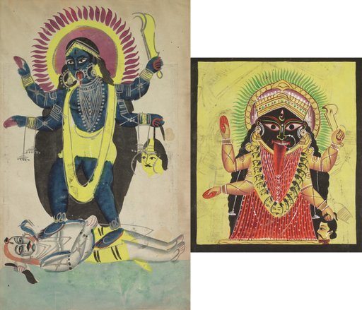 Leaf from a Kalighat album: Two Aspects of Kali