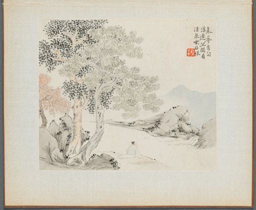 Album of Landscape Paintings Illustrating Old Poems: Three Big Trees, a Stream with an Old Man Sitting on the Bank