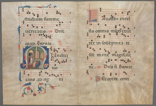 Bifolium from an Antiphonary: Initial M with Saint Dominic Preaching and Music