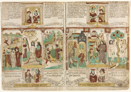 The Bible of the Poor (Biblia Pauperum), Pharaoh's Army Drowned in the Red Sea; Baptism of Christ; and Moses' Spies Returning with Grapes from Canaan Esau Selling Jacob his Birthright; Temptation of Christ; and Temptation of Adam and Eve