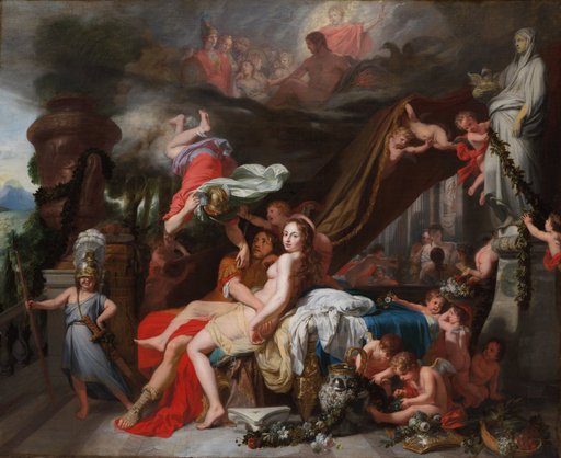 An oil painting in full colour. The nymph Calypso reclines on red and white drapery beside Odysseus, who is in gilded armour. Hermes plunges head first out of the sky above them, and putti crowd the edges of the scene.