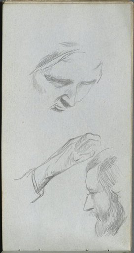 Sketchbook, page 70: Study of Two Faces and a Hand