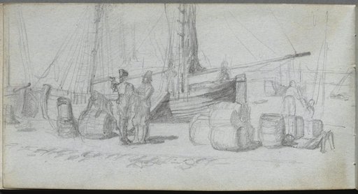 Sketchbook, page 50: Boats, Figures, Cargo on a Beach