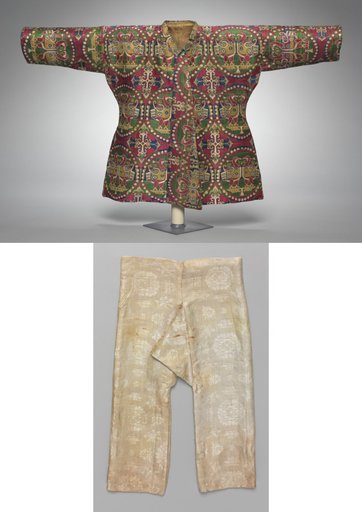 A Child’s Coat with Ducks in Pearl Medallions and a Child's Pants