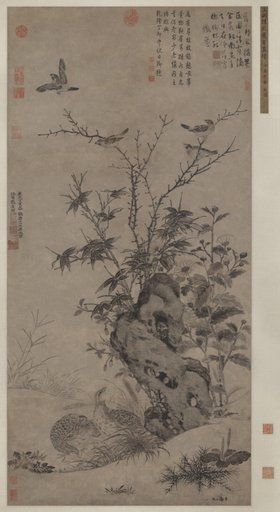 Quails and Sparrows in an Autumn Scene