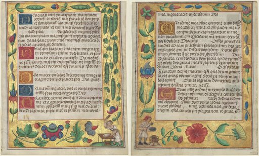 Leaf from a Psalter and Prayerbook: Ornamental Border with Pea Vines and a Girl Kneading Bread (recto) and Ornamental Boarder with Carnations, a Thistle, and a Cook Ladling Soup (verso) (1 of 3 Excised Leaves)
