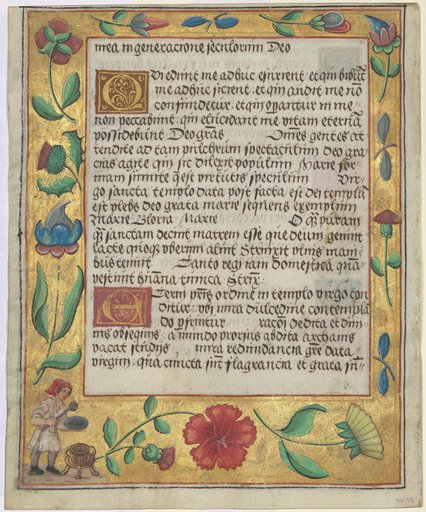 Leaf from a Psalter and Prayerbook: Ornamental Border with Carnations, a Thistle, and a Cook Ladling Soup (verso)