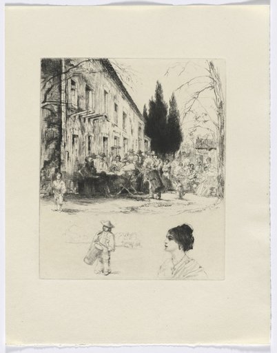Frédéric Mistral: Mémoires et Recits by Frédéric Mistral: figures at outdoor table/ man playing drum and bust of a woman (insert after p. 136)