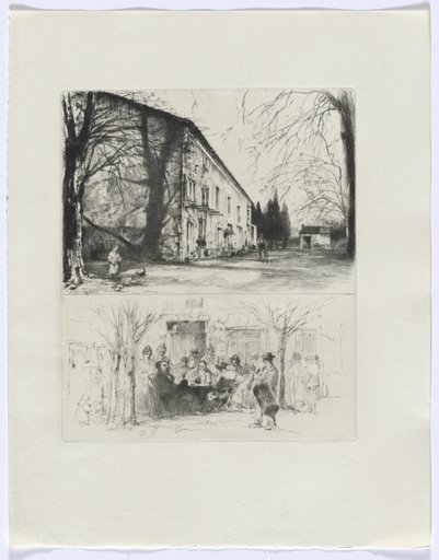 Frédéric Mistral: Mémoires et Recits by Frédéric Mistral: street scene and people at outdoor table (insert after p. 24)