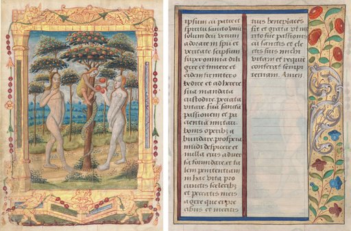 Leaf from a Book of Hours: Adam and Eve and the Fall of Man (Prefatory Miniature to the Office of the Virgin) (recto) and Text with Illustrated Border (verso) (1 of 3 Excised Leaves)