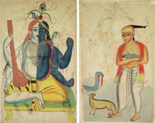 Leaf from a Kalighat album: Hari-Hara (recto); Vasudeva (Krishna's Father) Fleeing with Krishna Encounters a Cobra and a Jackal (verso)