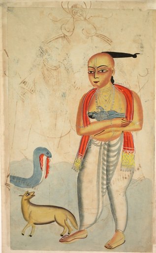 Vasudeva (Krishna's Father) Fleeing with Krishna Encounters a Cobra and a Jackal (verso), from a Kalighat album