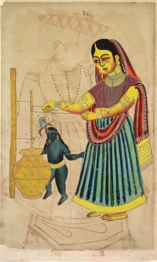 Yasoda Churning Butter (verso), from a Kalighat album
