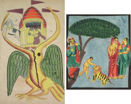 Leaf from a Kalighat album: Jatayu hinders Ravana’s chariot, trying to prevent the abduction of Sita (recto); Dushyanta watching his son Bharat playing with the tiger at the end of the Abhijnanashakuntalam (verso)