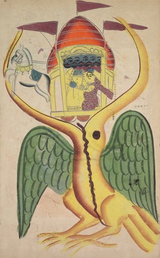 Jatayu hinders Ravana’s chariot, trying to prevent the abduction of Sita (recto), from a Kalighat album
