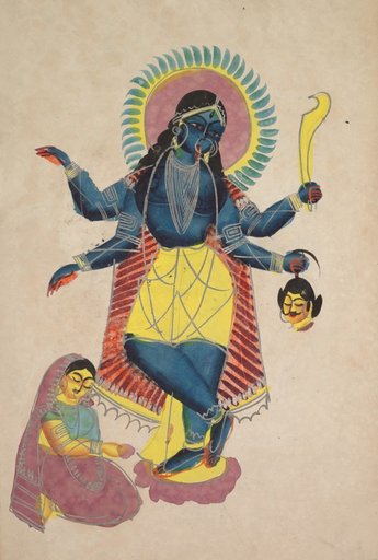 Krishna as Kali worshipped by Radha (recto), from a Kalighat album