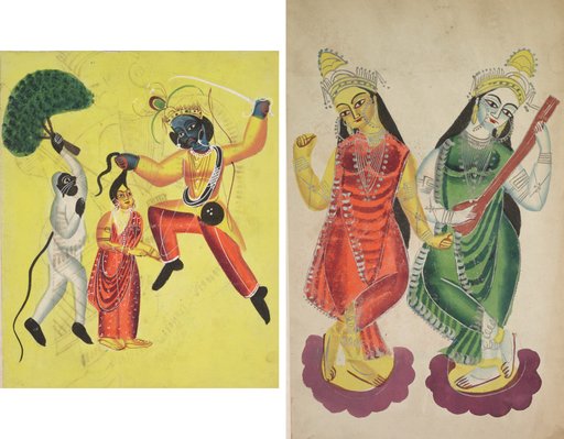 Leaf from a Kalighat album: Hanuman attacks Indrajit holding an apparition of Sita by the hair (recto); Goddesses Lakshmi and Sarasvati (verso)