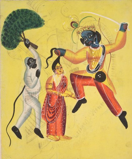 Hanuman attacks Indrajit holding an apparition of Sita by the hair