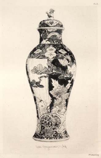 History of the Ceramic Art: A Descriptive and Philosophical Study of the Pottery of All Ages and All Nations: Japan: Chrysanthemo-Paeonian Family. -Jar, "Potiche," with the Dog of Fo, and a Carp Leaping Out of the Water (Plate III)