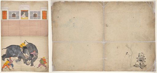 Two Elephants Fighting in a Courtyard Before Muhammad Shah