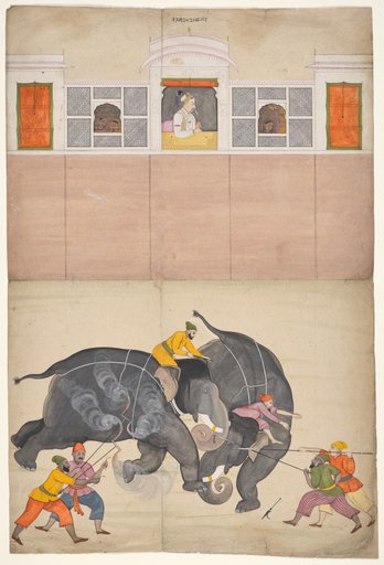 Two Elephants Fighting in a Courtyard Before Muhammad Shah