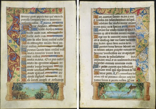 Leaf from a Book of Hours: Ape Hunting Wild Boars (recto) and Ape Fishing (verso)