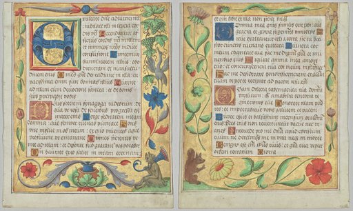 Leaf from a Psalter and Prayerbook: Initial E with Ornamental Border Containing a Seated Satyr and a Bird Eating Grapes (recto) and Ornamental Border with Flowers and Squirrel (verso) (2 of 3 Excised Leaves)