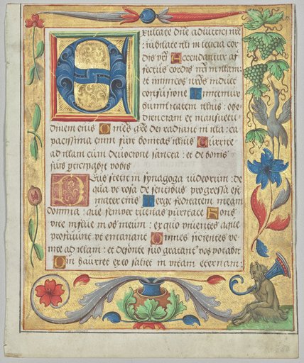 Leaf from a Psalter and Prayerbook: Initial E with Ornamental Border Containing a Seated Satyr and a Bird Eating Grapes (recto)