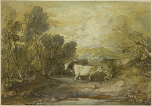 A Herdsman with Three Cows by an Upland Pool