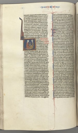 Fol. 178v, Nehemiah, historiated initial V, Nehemiah presenting the golden cup to Artaxerxes