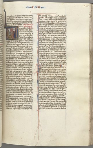 Fol. 205r, Job, historiated initial V, Job on the dungheap given a gold earring by one of his sisters