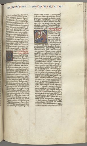 Fol. 257r, Ecclesiasticus, historiated initial O, Sirach seated with a scroll, bust of God above
