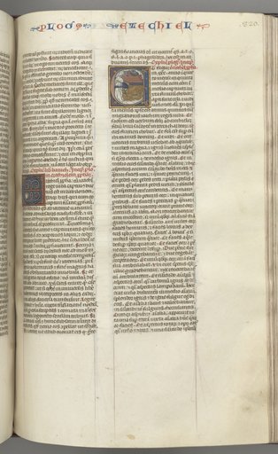 Fol. 320r, Ezechiel, historiated initial E, a sleeping Ezechiel with his vision of the four beasts above