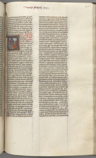 Fol. 350r, Hosea, historiated initial V, Hosea preaching to three men.