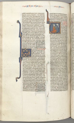 Fol. 354v, Amos, historiated initial V, Amos kneeling in prayer, bust of God above
