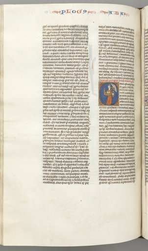 Fol. 361v, Habbakuk, historiated initial O, Habbakuk holding a basket and two stones, seized by the hair by an angel