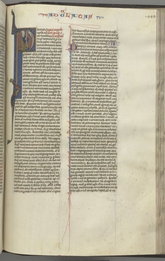 Fol. 449r, Galatians, historiated initial P, Paul seated with a sword, talking to the bust of God above