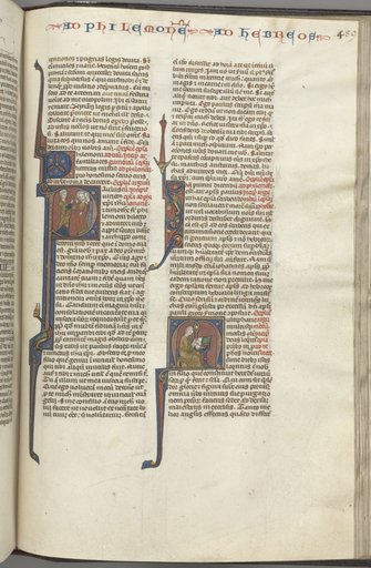 Fol. 459r, Philemon, historiated initial P, Paul addressing three men and Hebrews, historiated initial M, Paul seated at a desk, writing