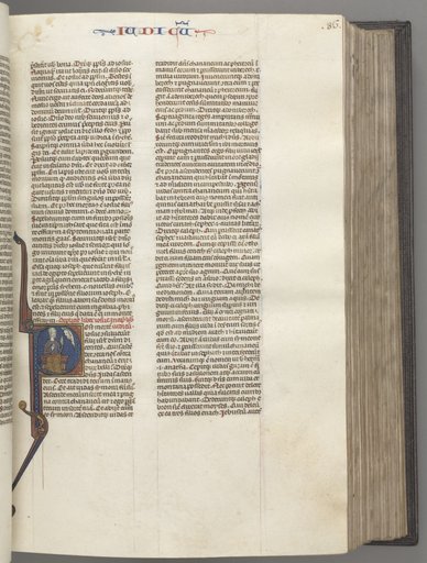Fol. 86r, Judges, historiated initial R, Judah seated with a book talking to God
