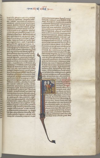 Fol. 98r, Kings I, historiated initial F, Elkanah and Hannah kneeling before an altar with God appearing above