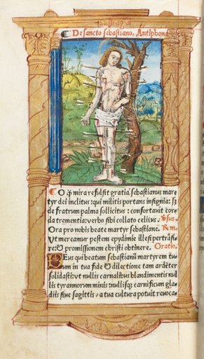 Printed Book of Hours (Use of Rome): fol. 102v, St. Sebastian