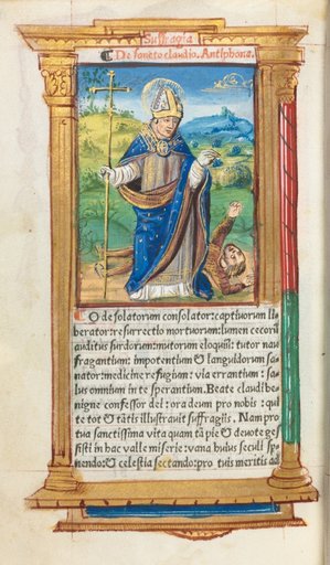 Printed Book of Hours (Use of Rome): fol. 105v, St. Claude as Bishop